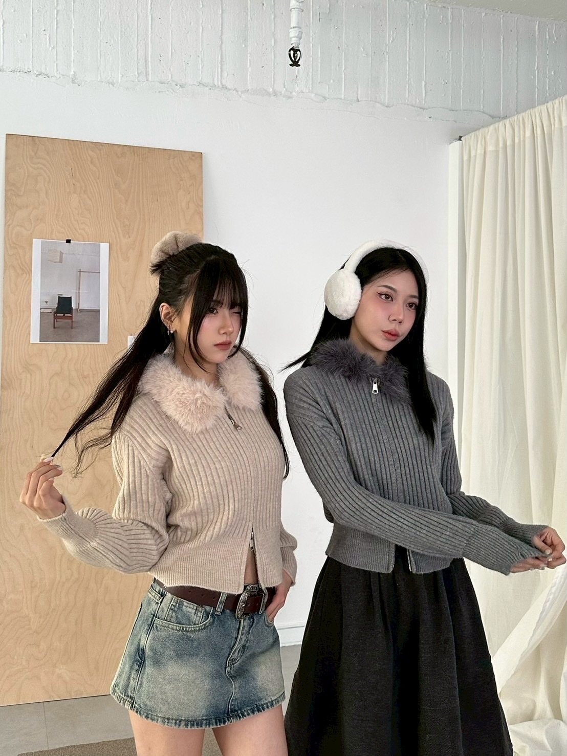 大毛領坑紋針織上衣