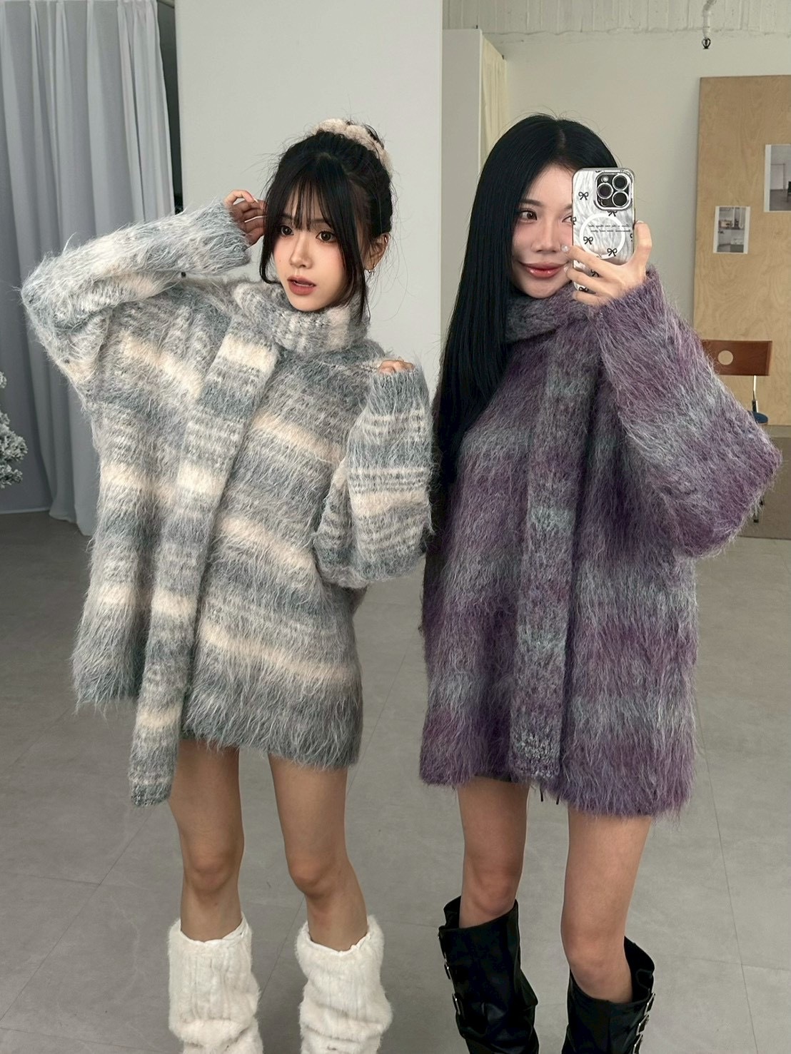 絕美暈染毛絨條紋圍巾毛衣