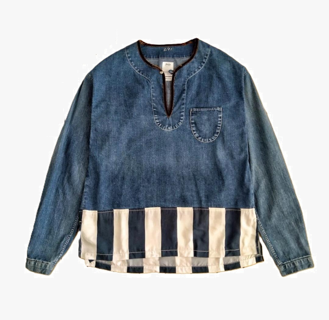VISVIM SOCIAL SCULPTURE BORDER TUNIC P.O DMGD SHIRT - (( USED A )) 中古美品 - INDIGO SIZE 3 PRE ORDER ITEM (預訂中)