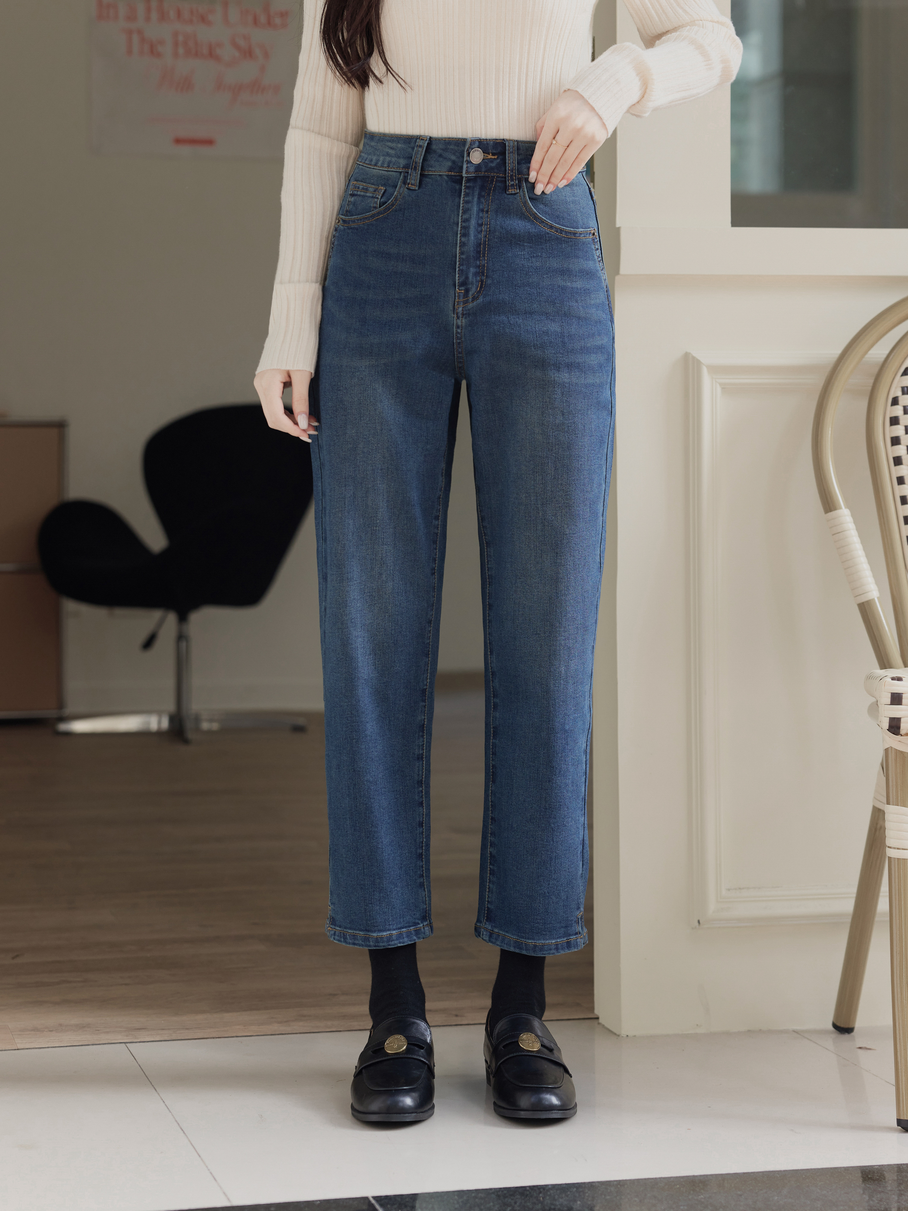 自訂 深藍顯瘦九分直腿褲