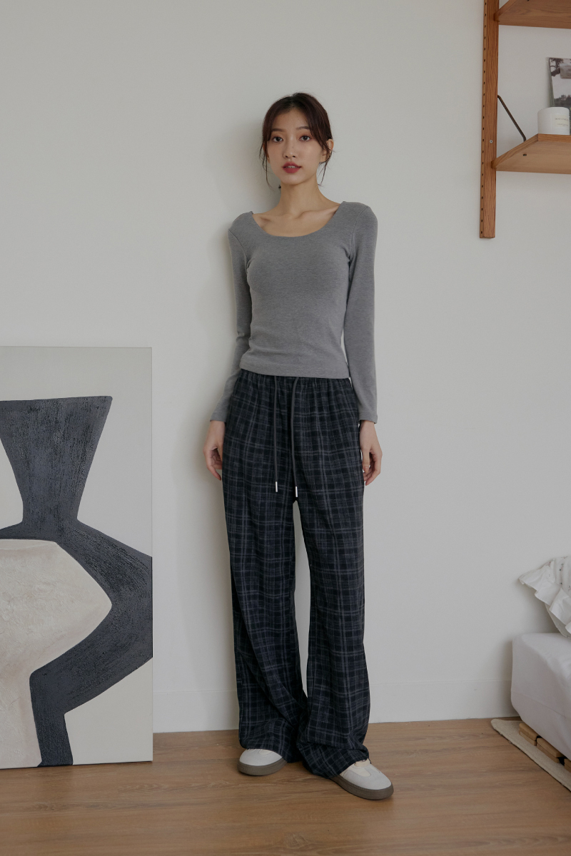 抽繩腰格紋寬褲