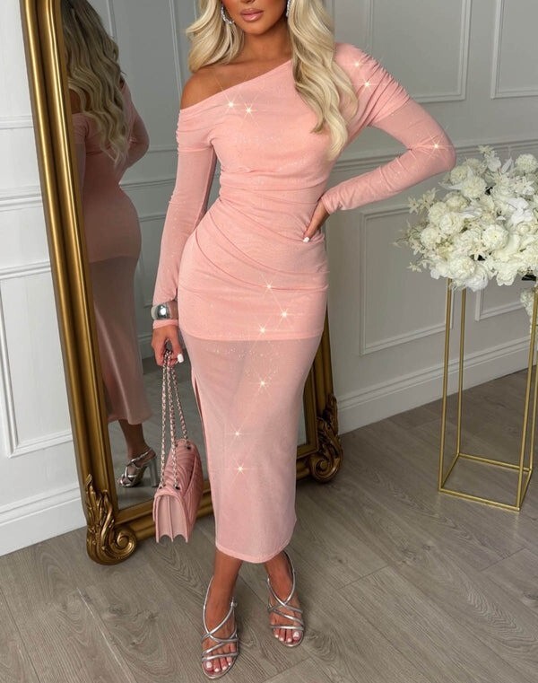 Baby Pink粉紅色網紗單肩亮片Dress