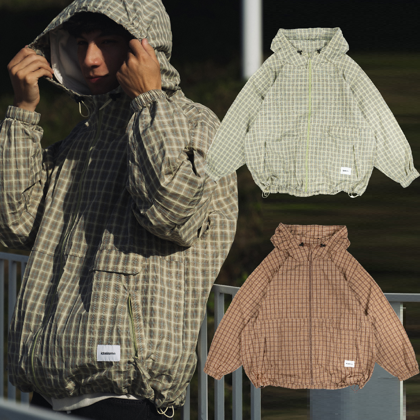 idealism 3D Check Jacket 棕色 綠色 尼龍 格紋 連帽外套【ID25060】