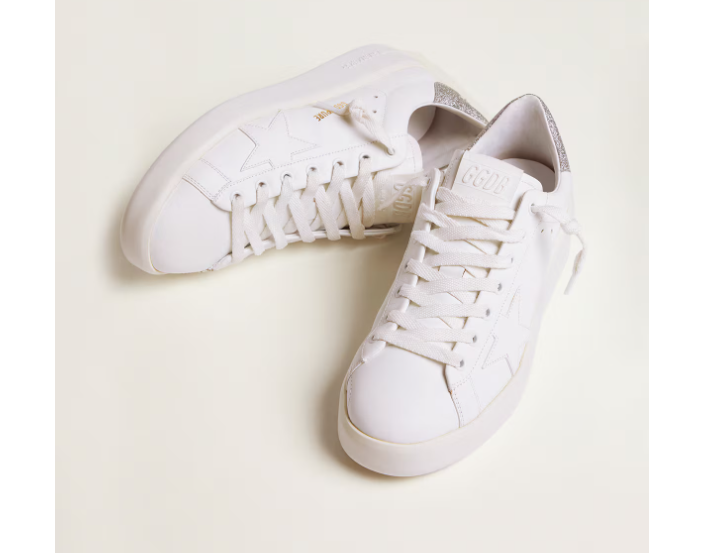 1FF0101-080 GOLDEN GOOSE Women's Purestar Sneakers With Glittery Silver Heel Tab (SS26) #GWF00197.F000538.80185 (S-EU-E)