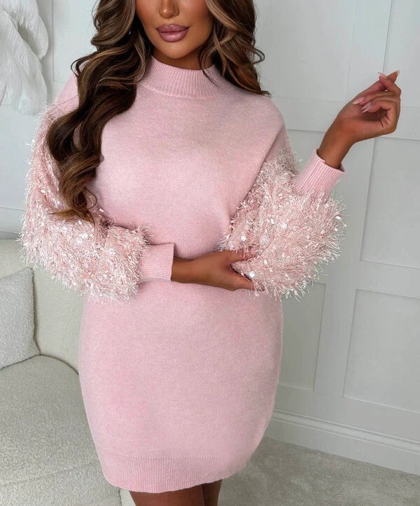 Baby Day粉紅色亮片流蘇飾袖針織Mini Dress