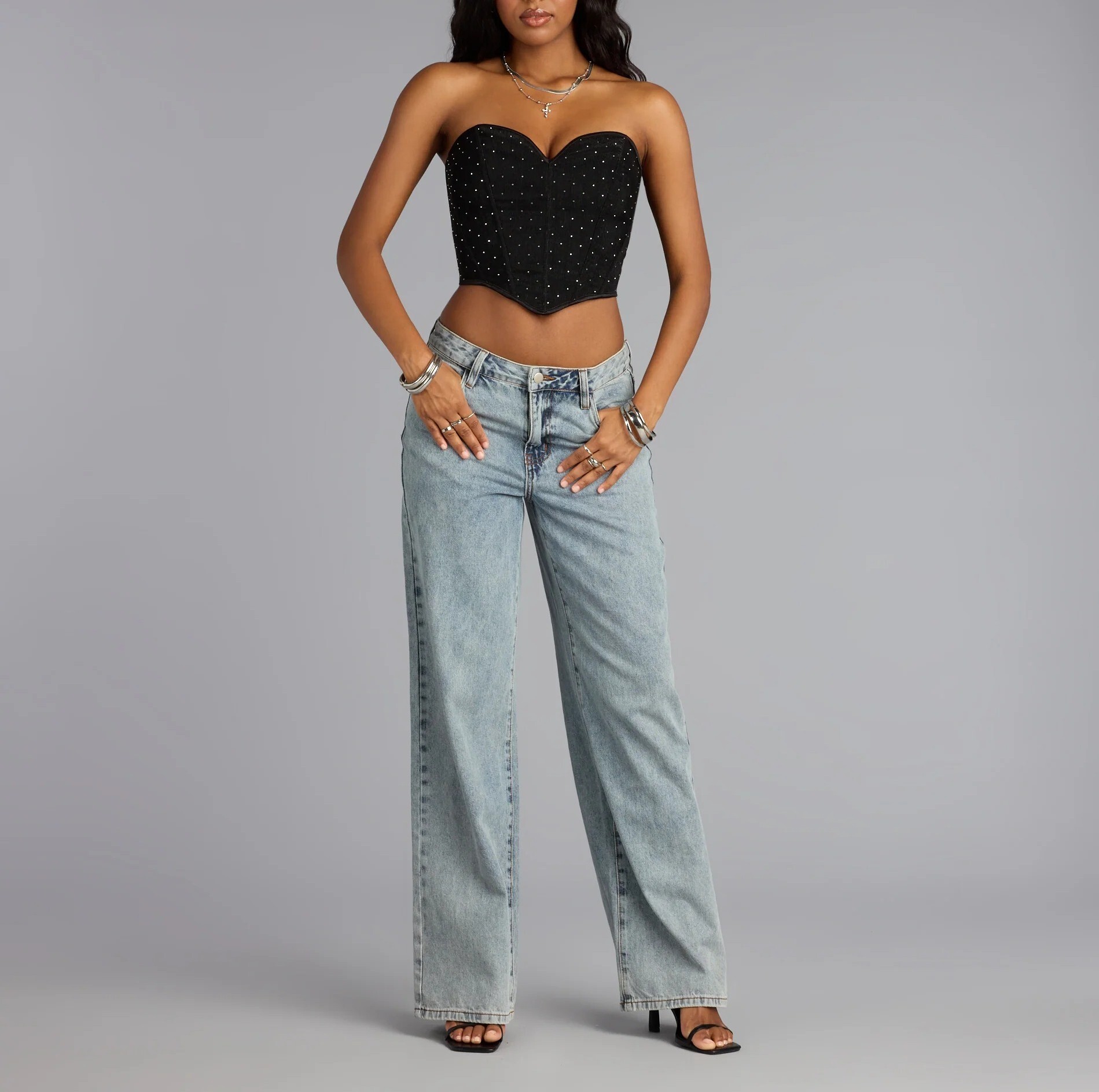 Black Lace黑色燙鑽桃心領馬甲上衣