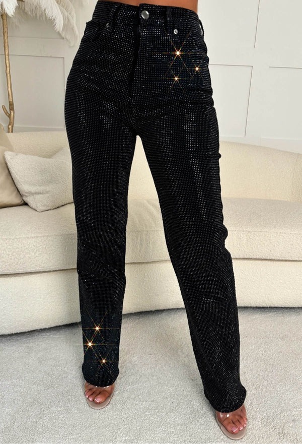 Black Star黑色燙鑽高腰牛仔長褲