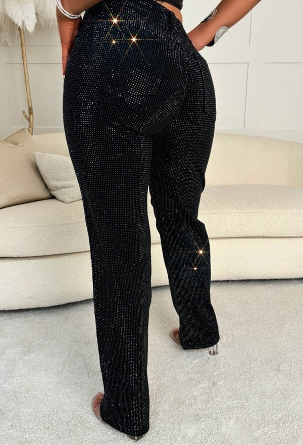 Black Star黑色燙鑽高腰牛仔長褲