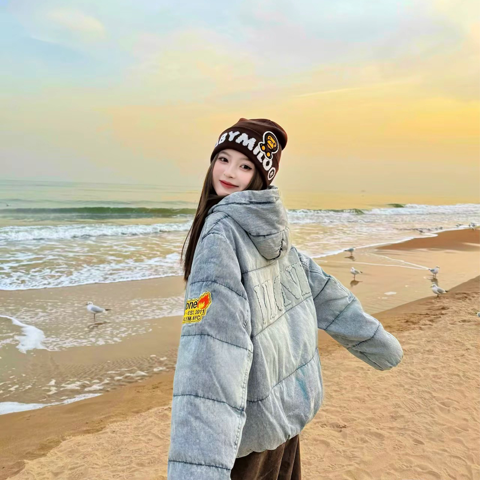 VLONE 水洗做舊 刺繡LOGO標語 牛仔 羽絨連帽外套 男女外套 兩色 VLCT25001