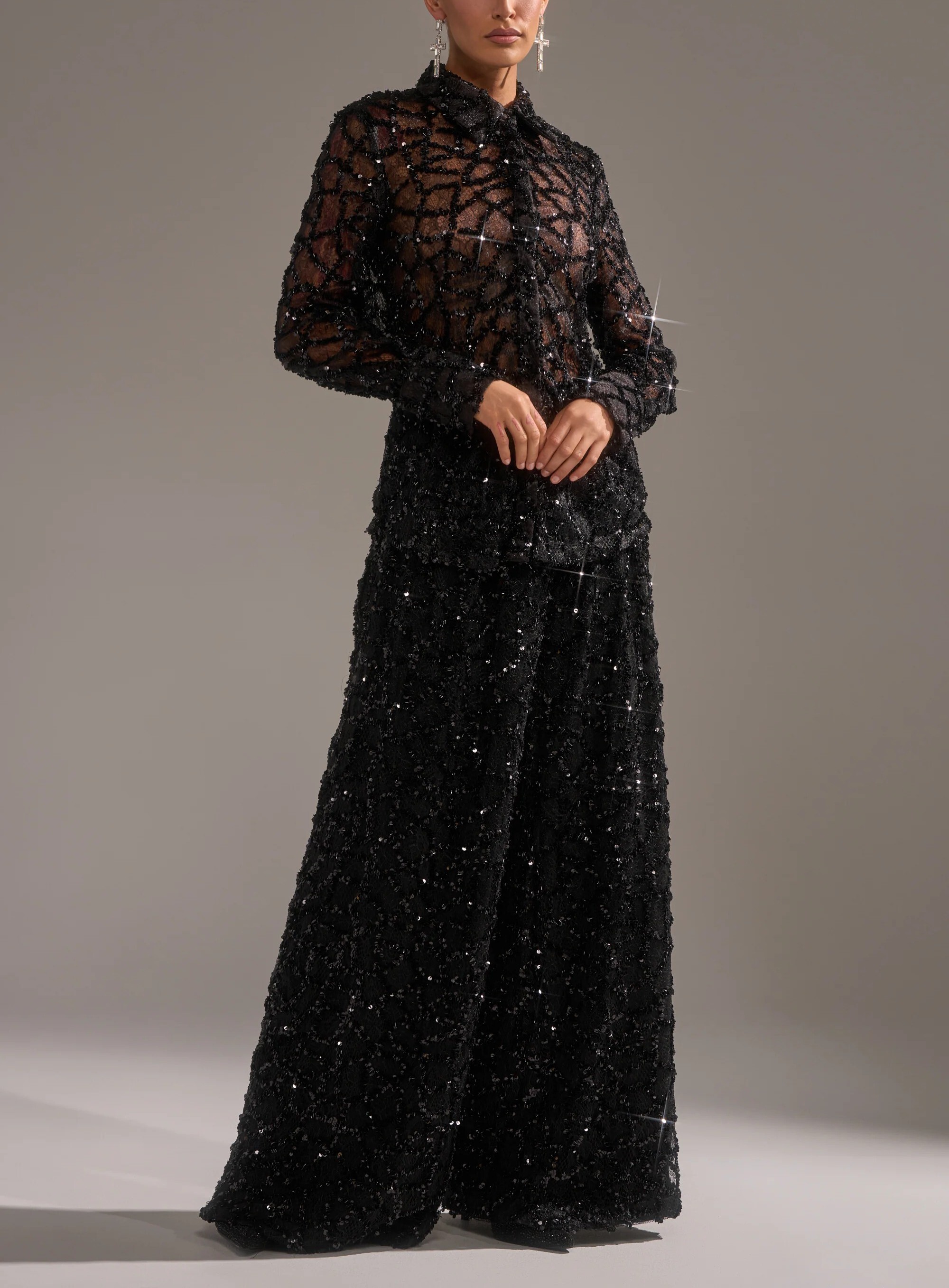 Little Elegance黑色亮片網洞菱格紋長寬褲