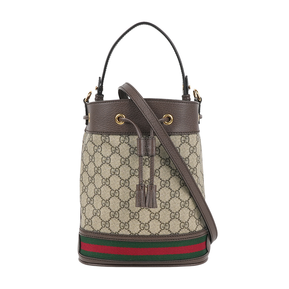 【GUCCI】Ophidia 塗層帆布及皮革綠紅小款水桶包(米色/烏木色)