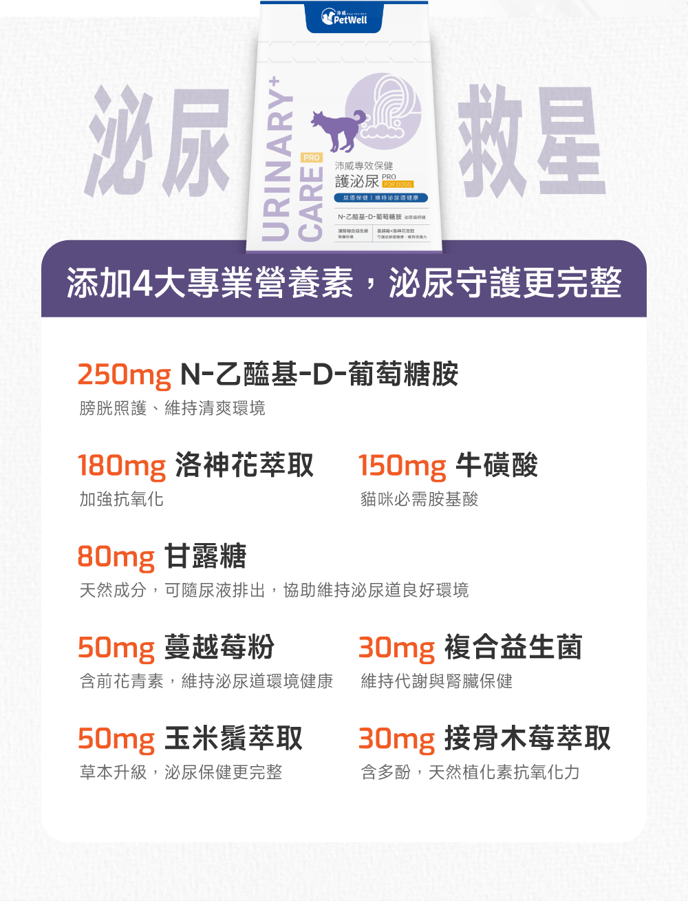 沛威專效保健狗用護泌尿主要成分