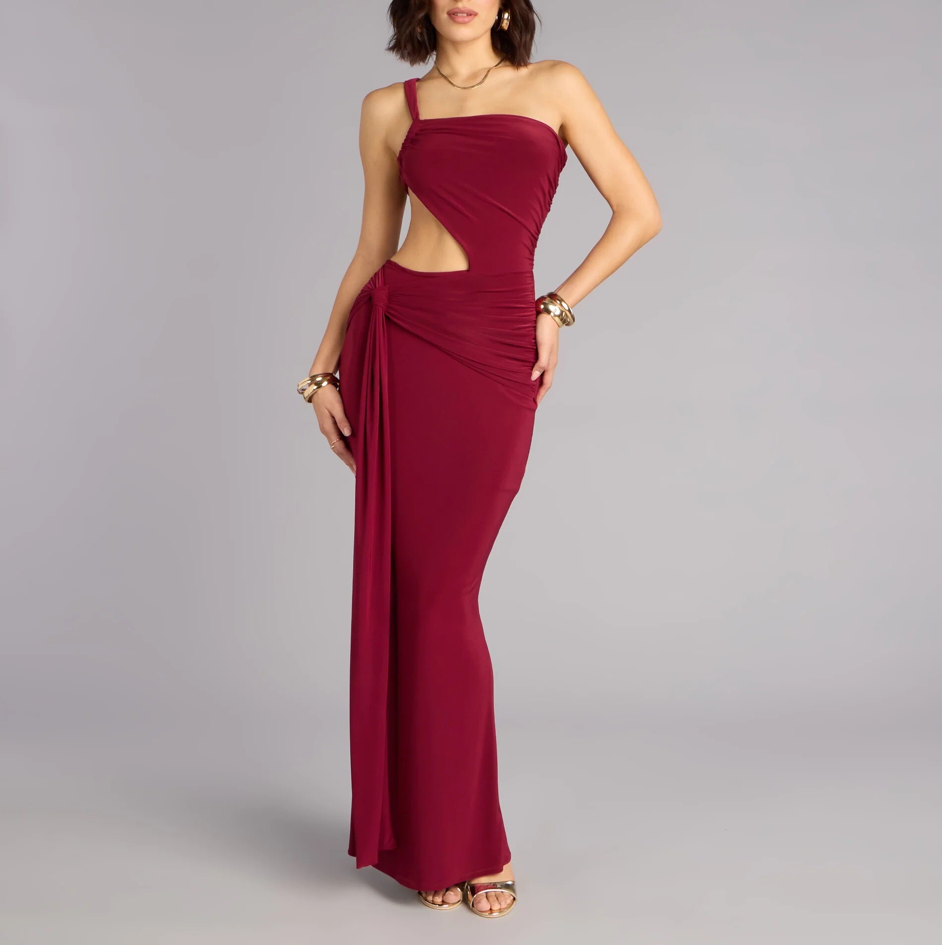 Wine Red酒紅色單肩Cutout垂墜腰帶Dress