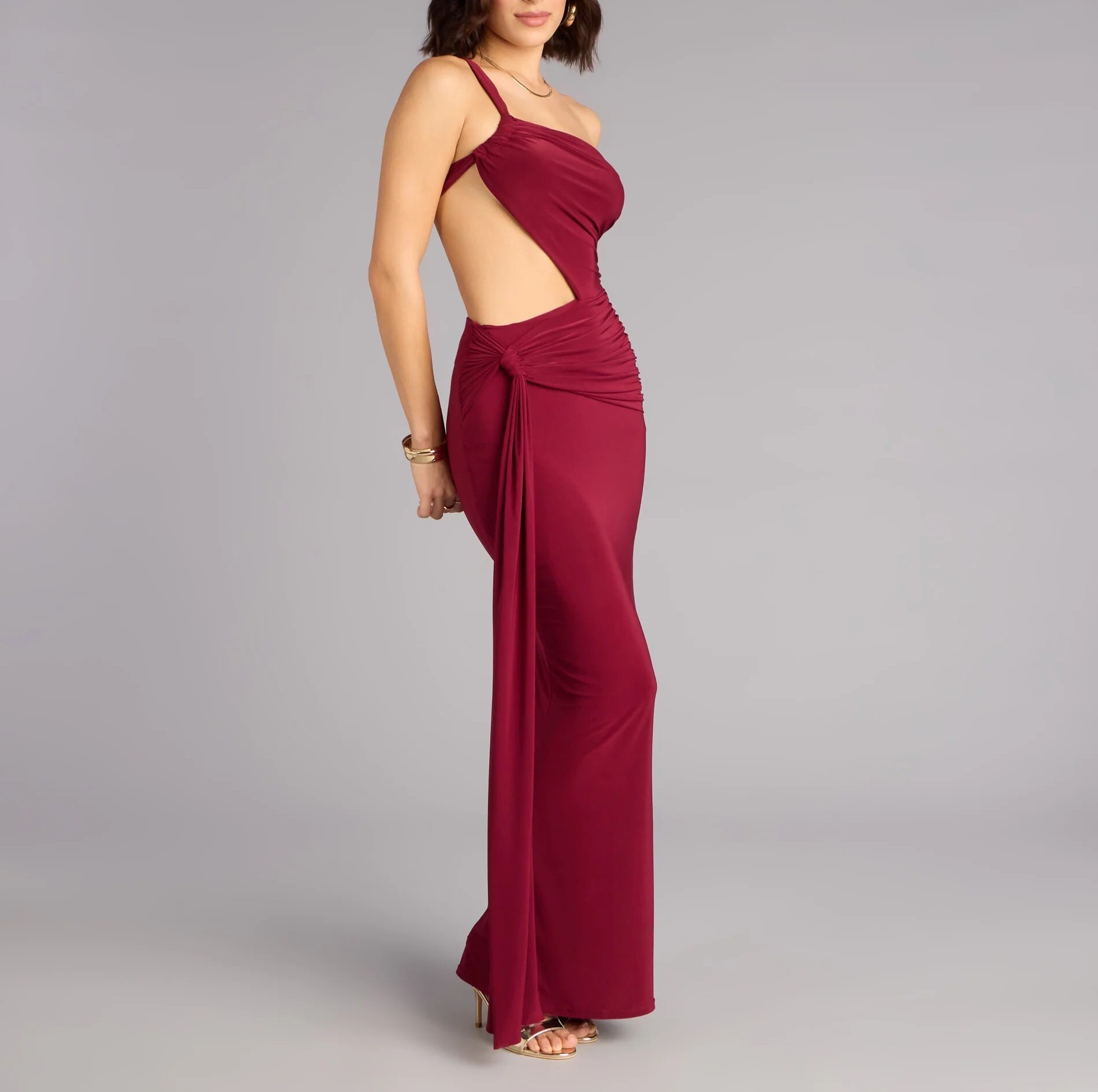 Wine Red酒紅色單肩Cutout垂墜腰帶Dress