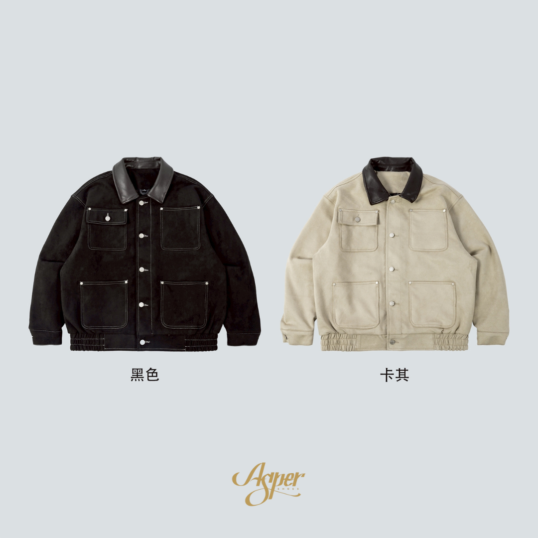 SBG 彈力麂皮口袋拼接皮領夾克 V0010