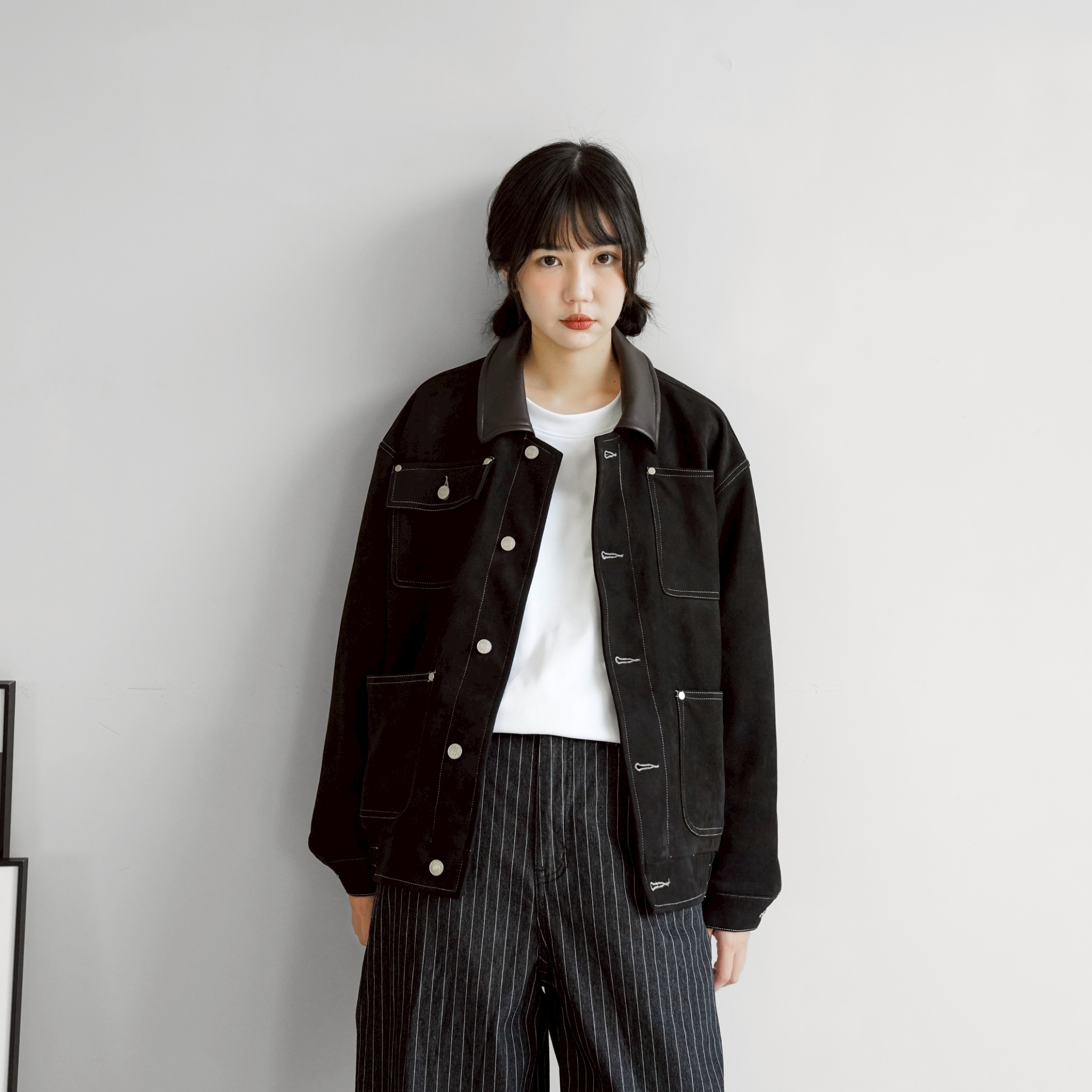 SBG 彈力麂皮口袋拼接皮領夾克 V0010