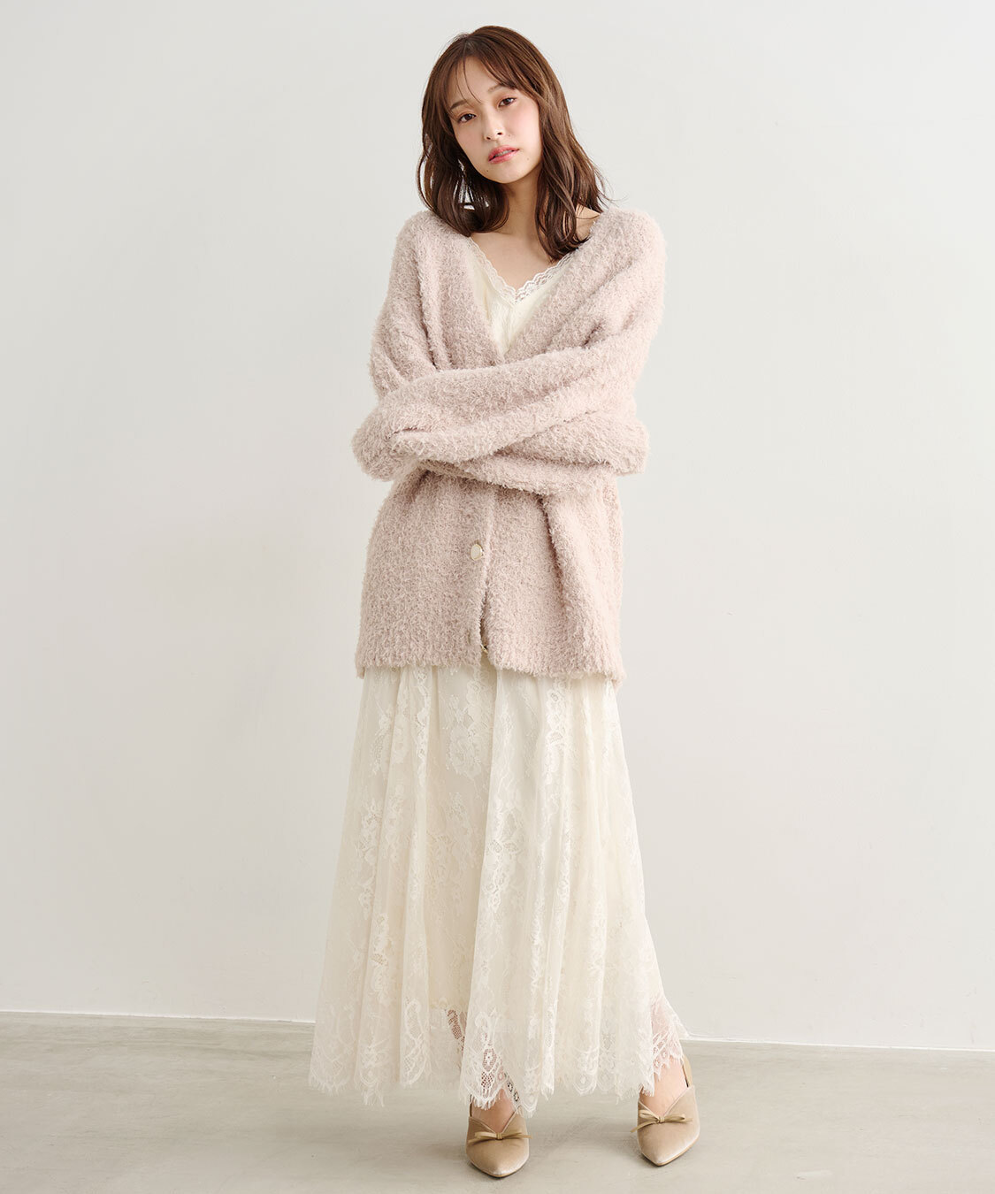 [預購]COCO DEAL針織開襟衫 × 蕾絲細肩帶洋裝 套組