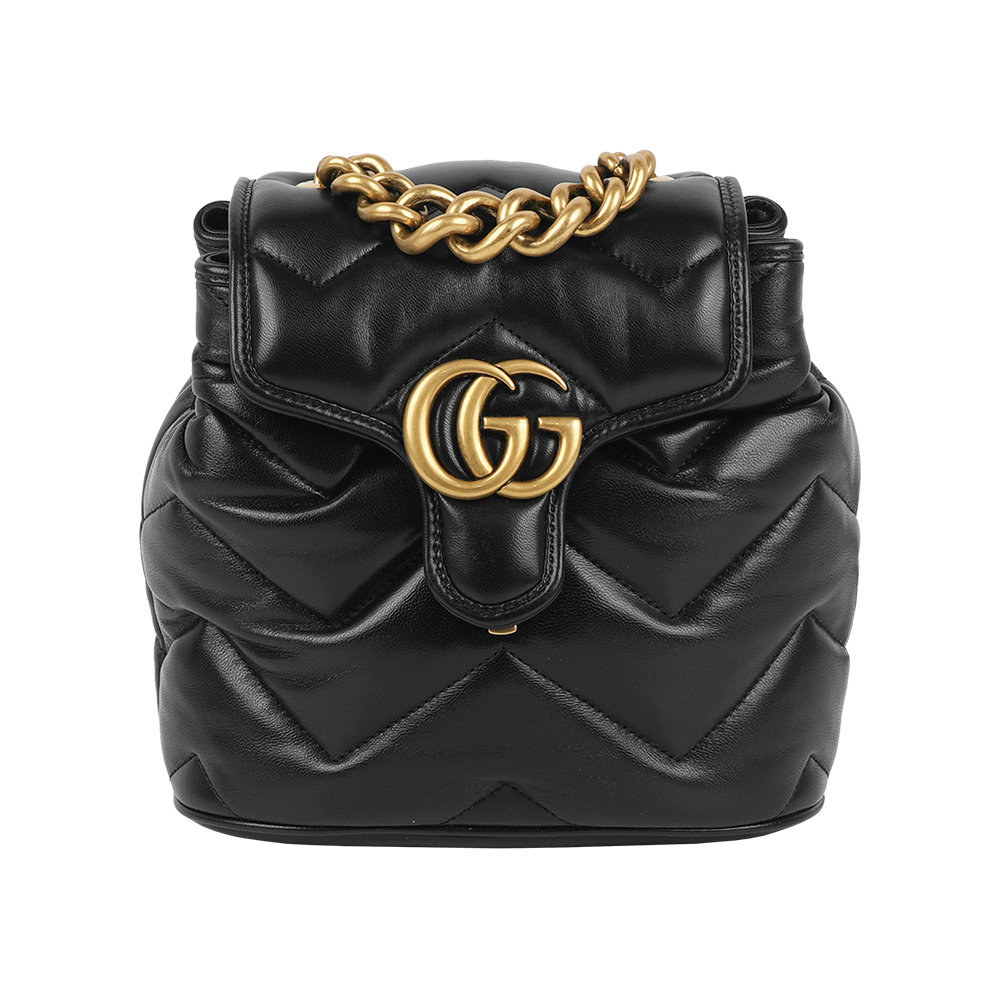 【GUCCI】GG Marmont 縫線皮革翻蓋迷你後背包(黑色)
