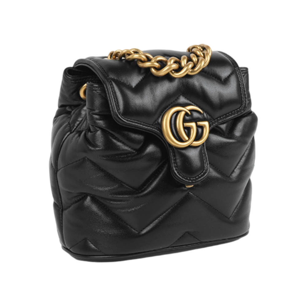 【GUCCI】GG Marmont 縫線皮革翻蓋迷你後背包(黑色)