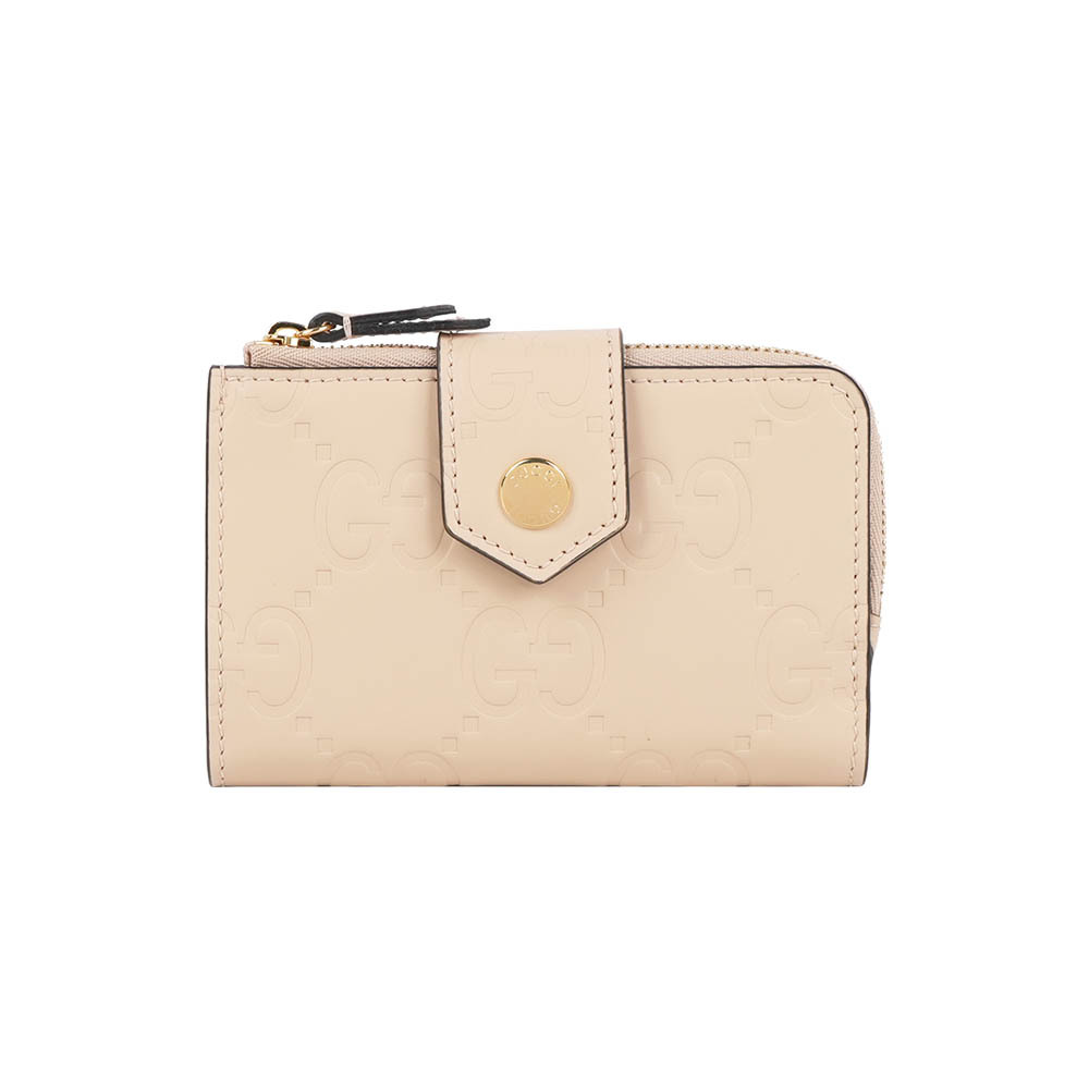 【GUCCI】GG Logo 牛皮壓紋釦式二折中夾(淺米色)