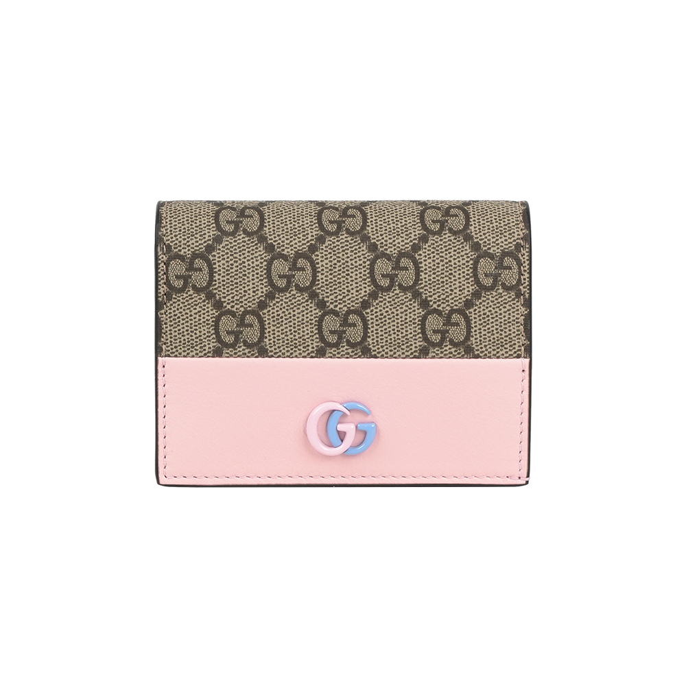 【GUCCI】GG Marmont 塗層帆布及皮革卡片小短夾(花瓣粉)