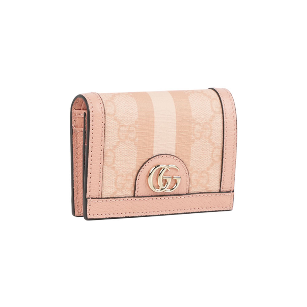 【GUCCI】Ophidia 條紋塗層帆布二折卡片小短夾(粉色)