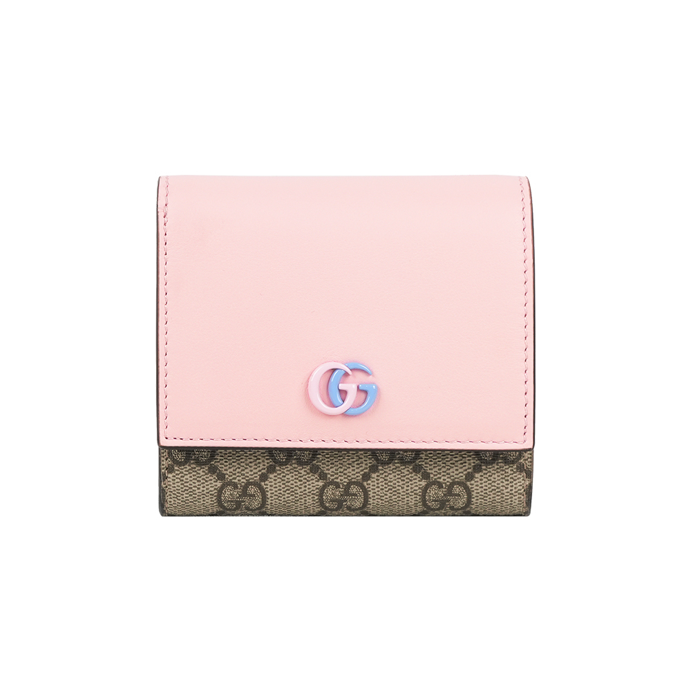 【GUCCI】GG Marmont 塗層帆布及皮革釦式翻蓋短夾(花瓣粉)