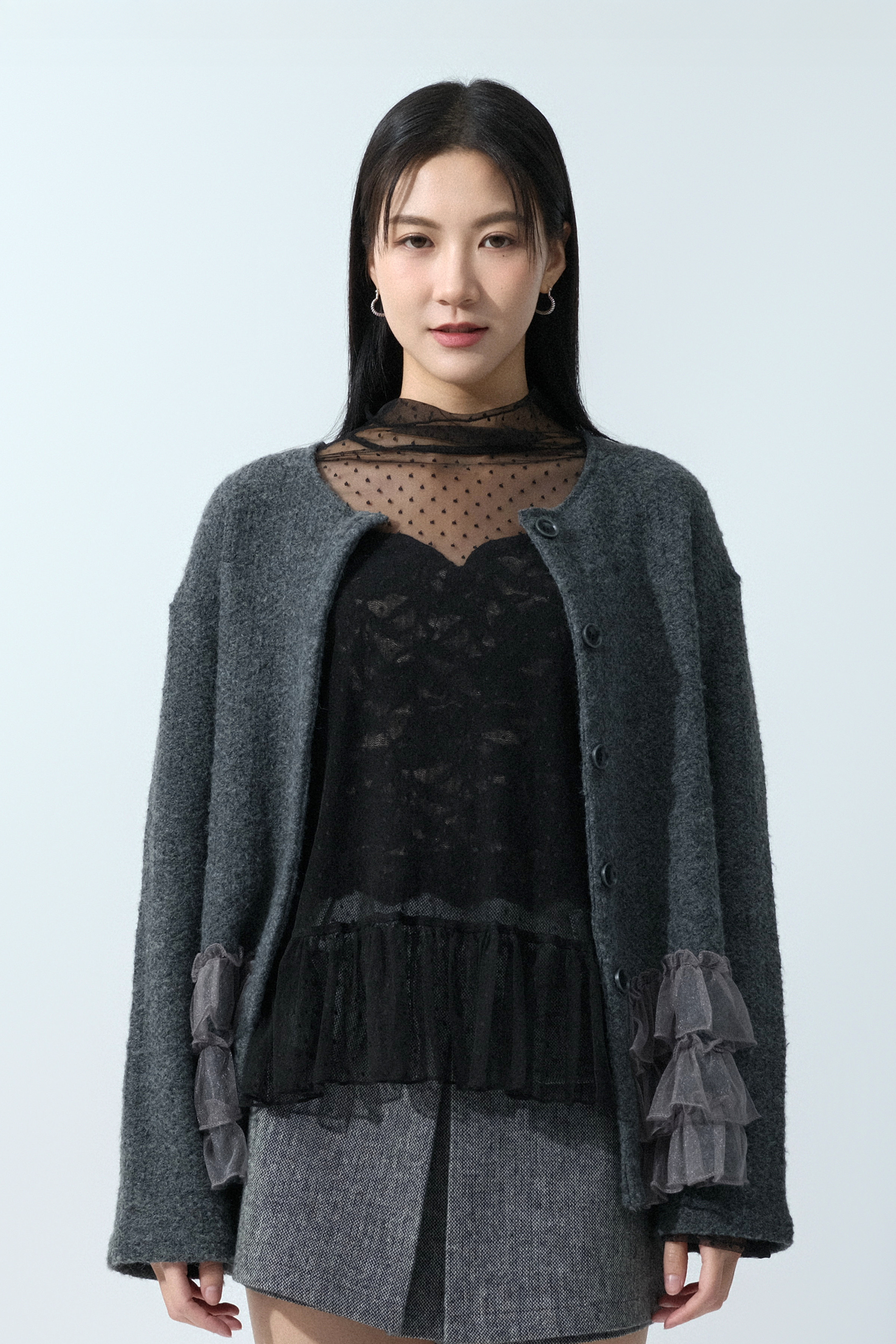 網紗荷葉腳毛冷cardigan（預購產品）