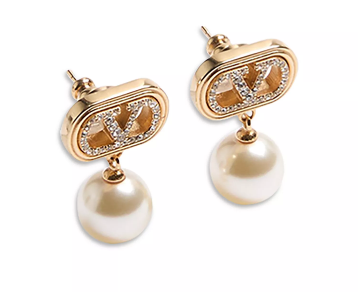 1FF0101-162 VALENTINO GARAVANI Vlogo Signature Earrings In Metal, Pearl And Swarovski® Crystals Oro/Cream/Crystal (SS26) #8W2J0Y78QVS.CNP (A-EU-E)