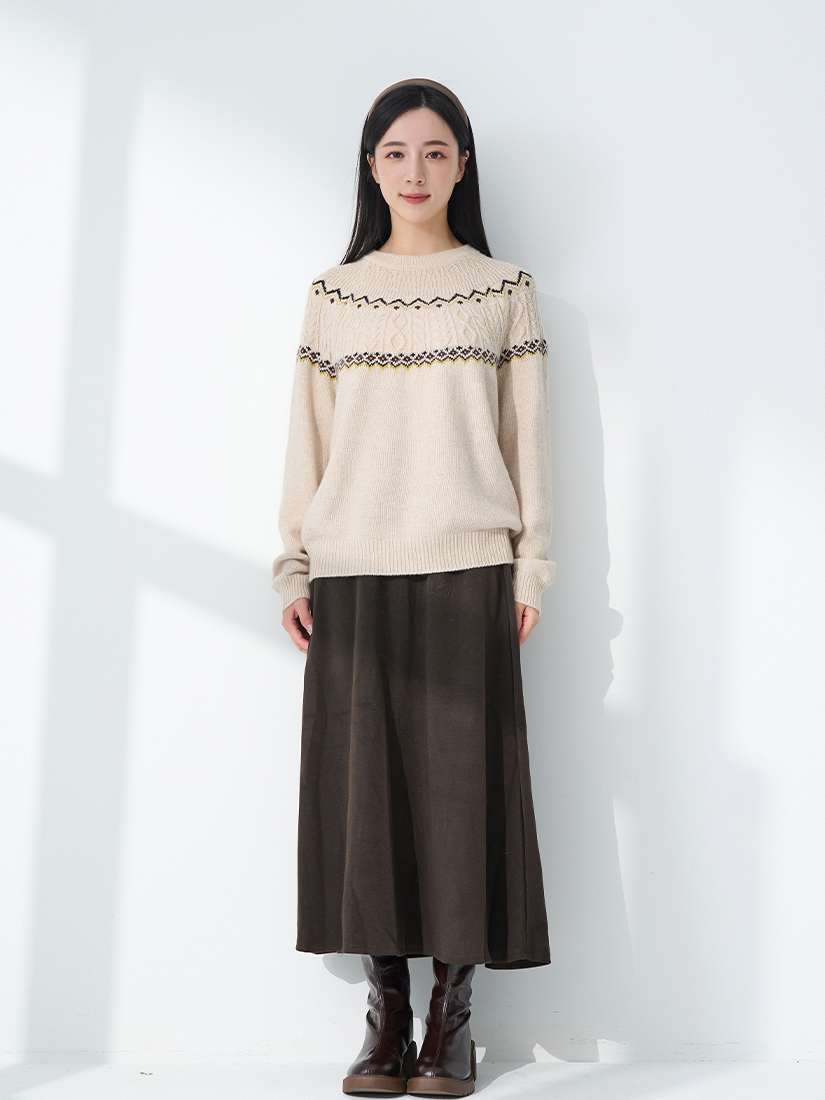 圖騰圓領針織毛衣顯瘦針織A字長裙組合