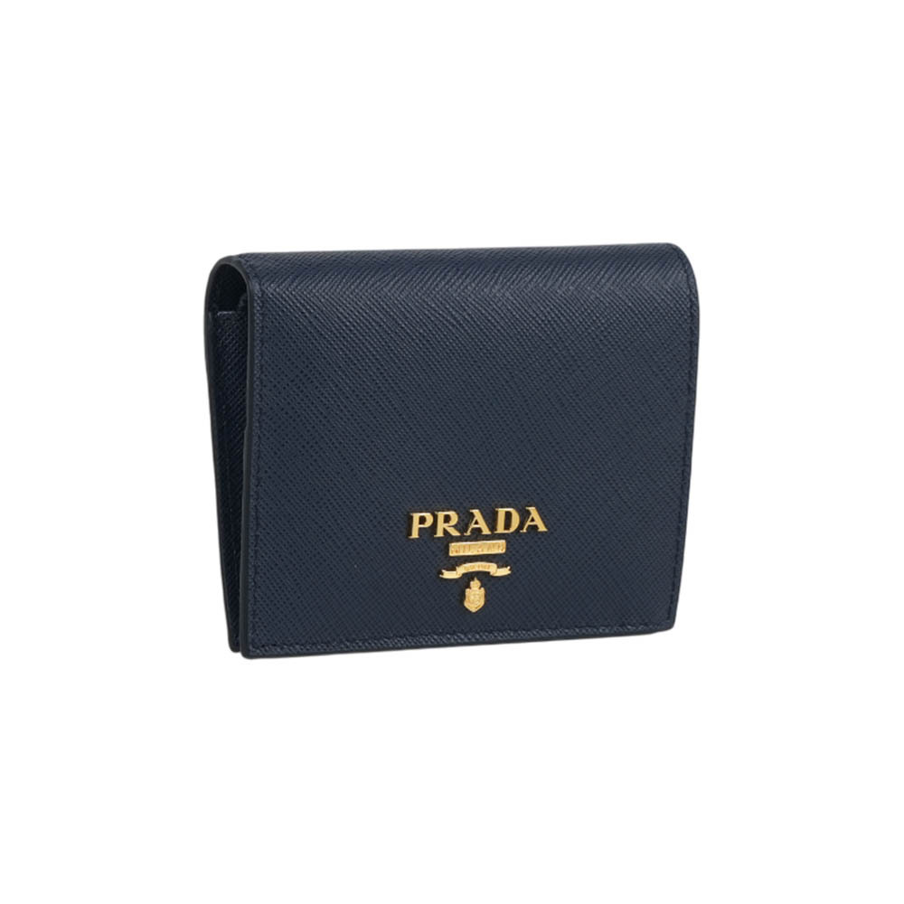【Prada】浮雕Logo 防刮皮革二折零錢袋短夾(深藍色)