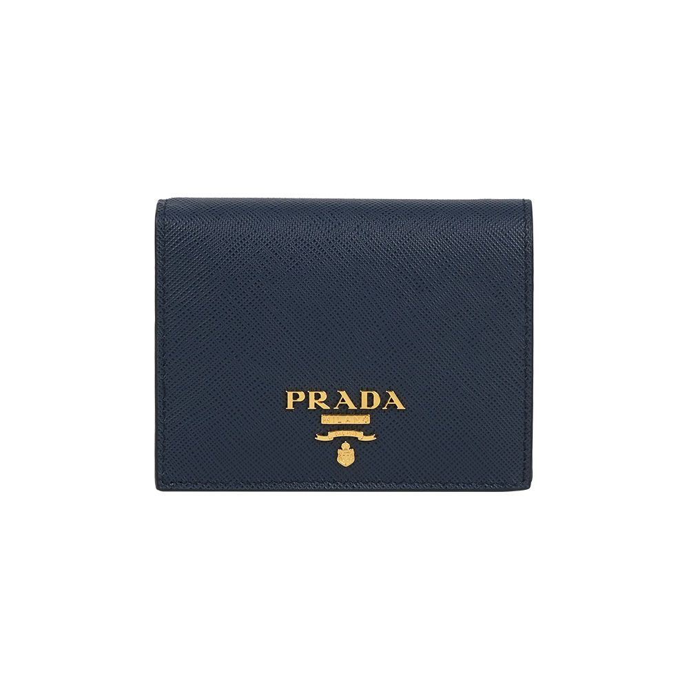 【Prada】浮雕Logo 防刮皮革二折零錢袋短夾(深藍色)