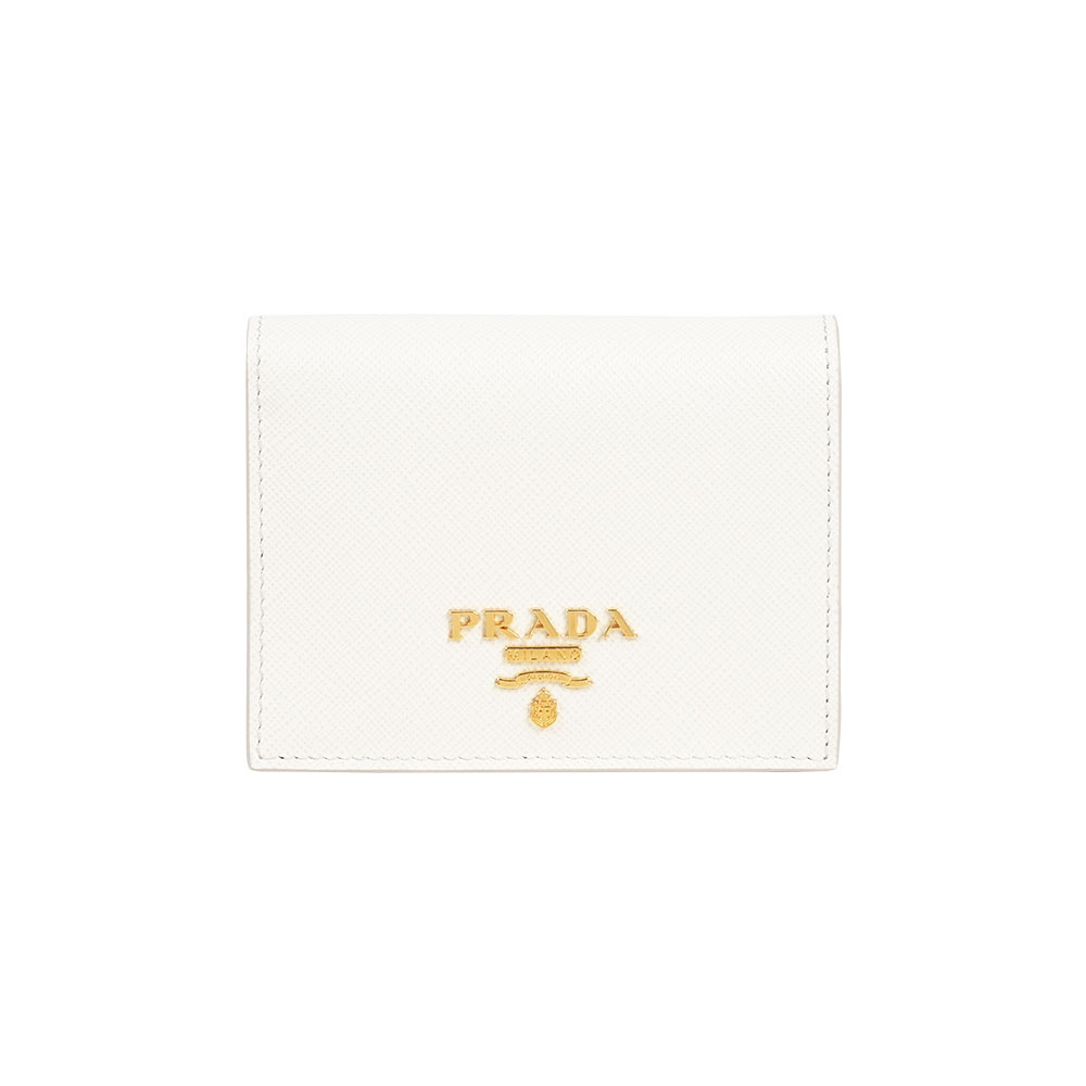 【Prada】浮雕Logo 防刮皮革二折零錢袋短夾(白色)