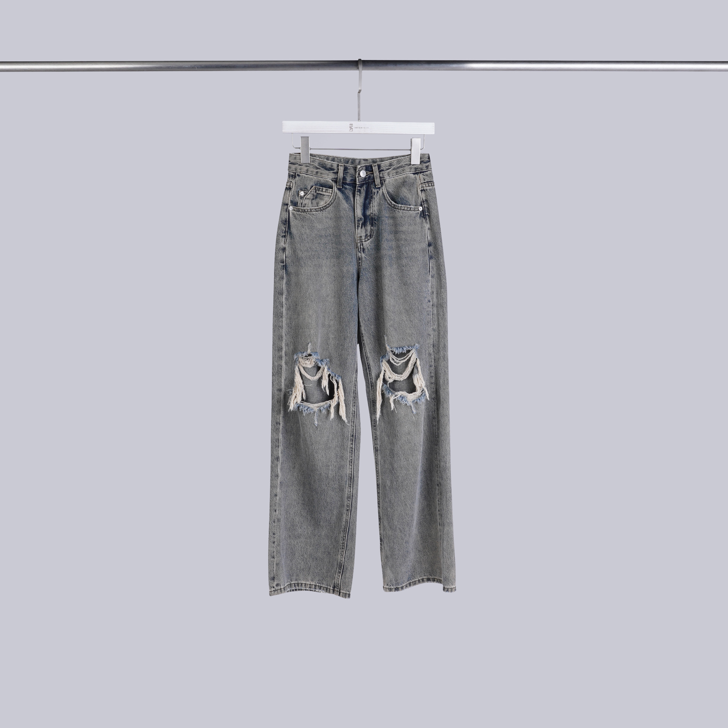 復古刷色牛仔破褲 | 水洗藍