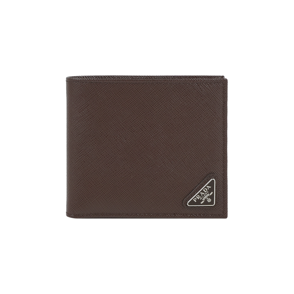 【Prada】三角牌LOGO防刮牛皮對開短夾(咖啡色)