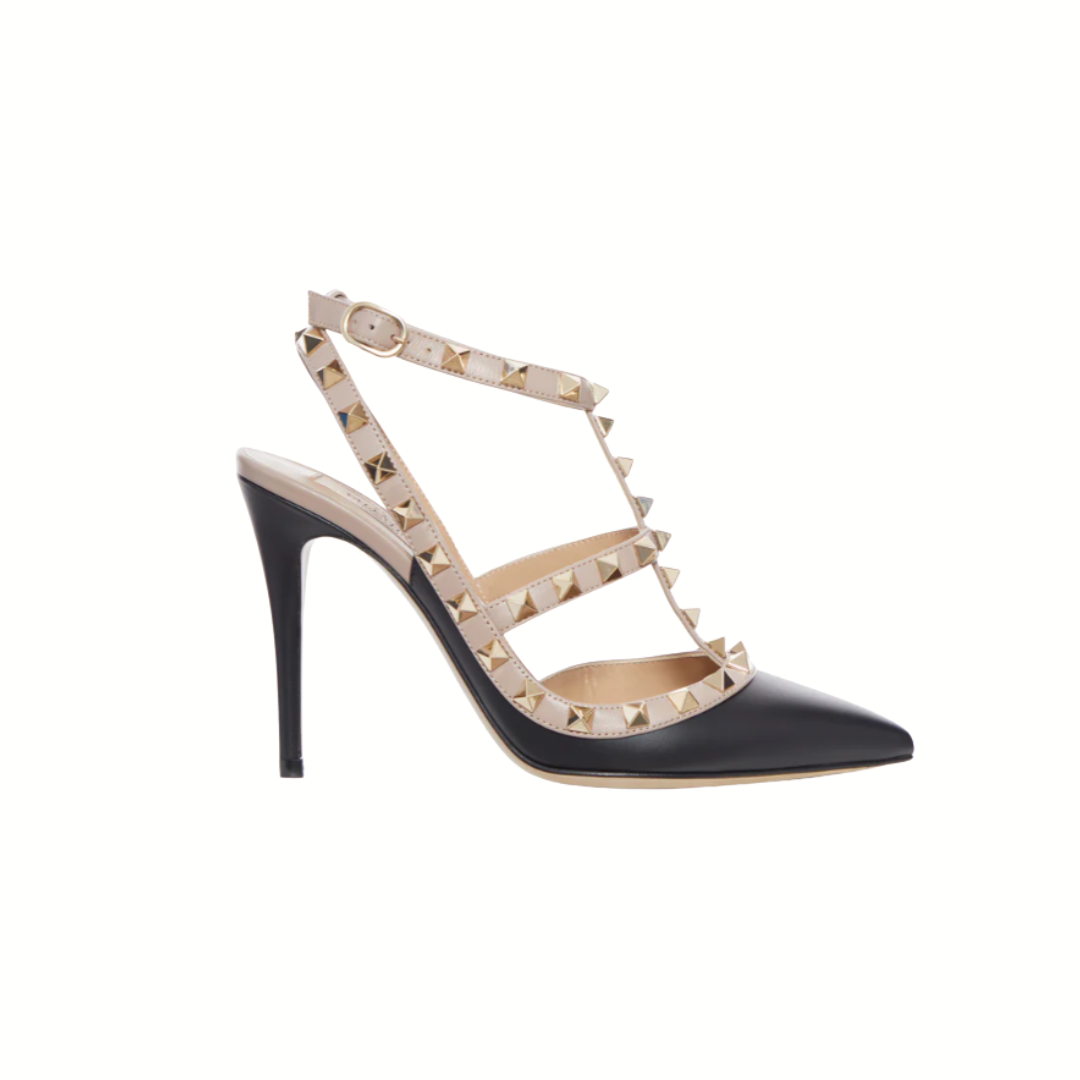 1FF0101-163 VALENTINO GARAVANI Rockstud Grainy Leather Ankle Strap Pump 100 Mm Nero/Poudre (SS26) #8W2S0393VOD.N91 (S-EU-E)