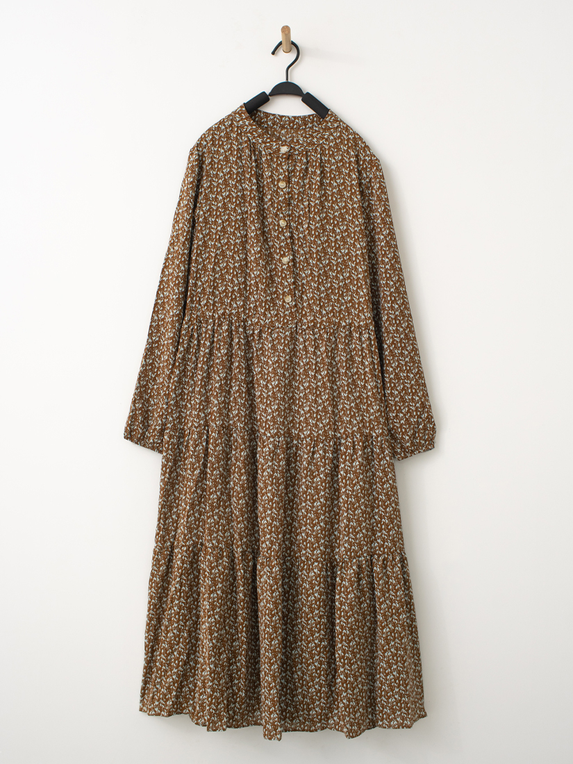 復古印花細褶綁帶長洋裝