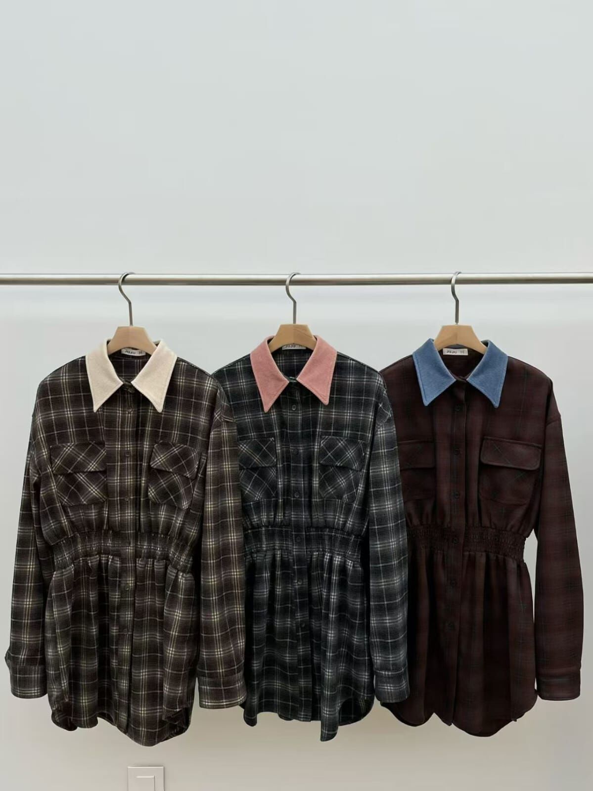 JU5301 復古格紋拼色領連身裙 *特價*