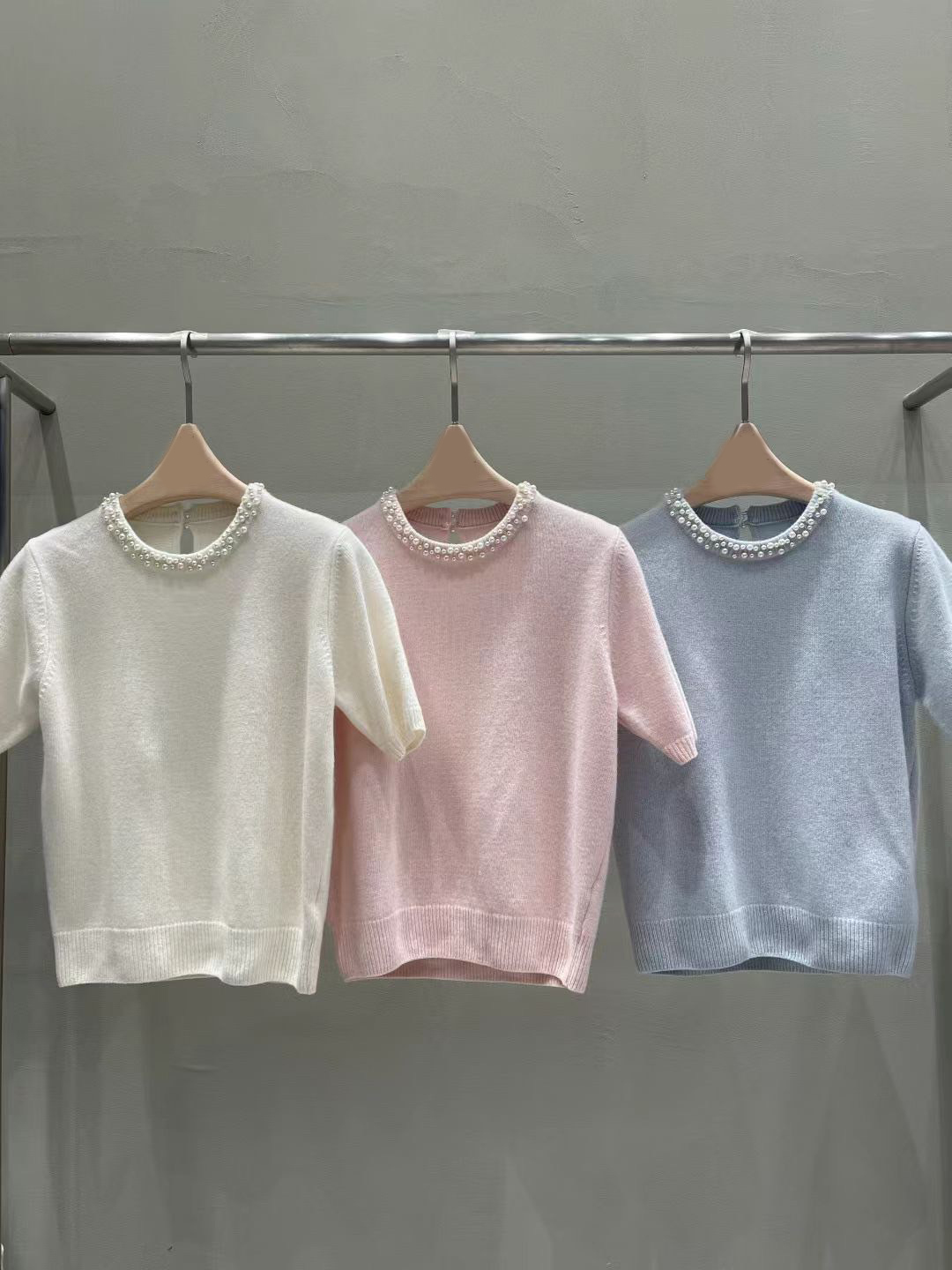 珍珠滾邊元領短袖針織上衣毛衣 / 3色