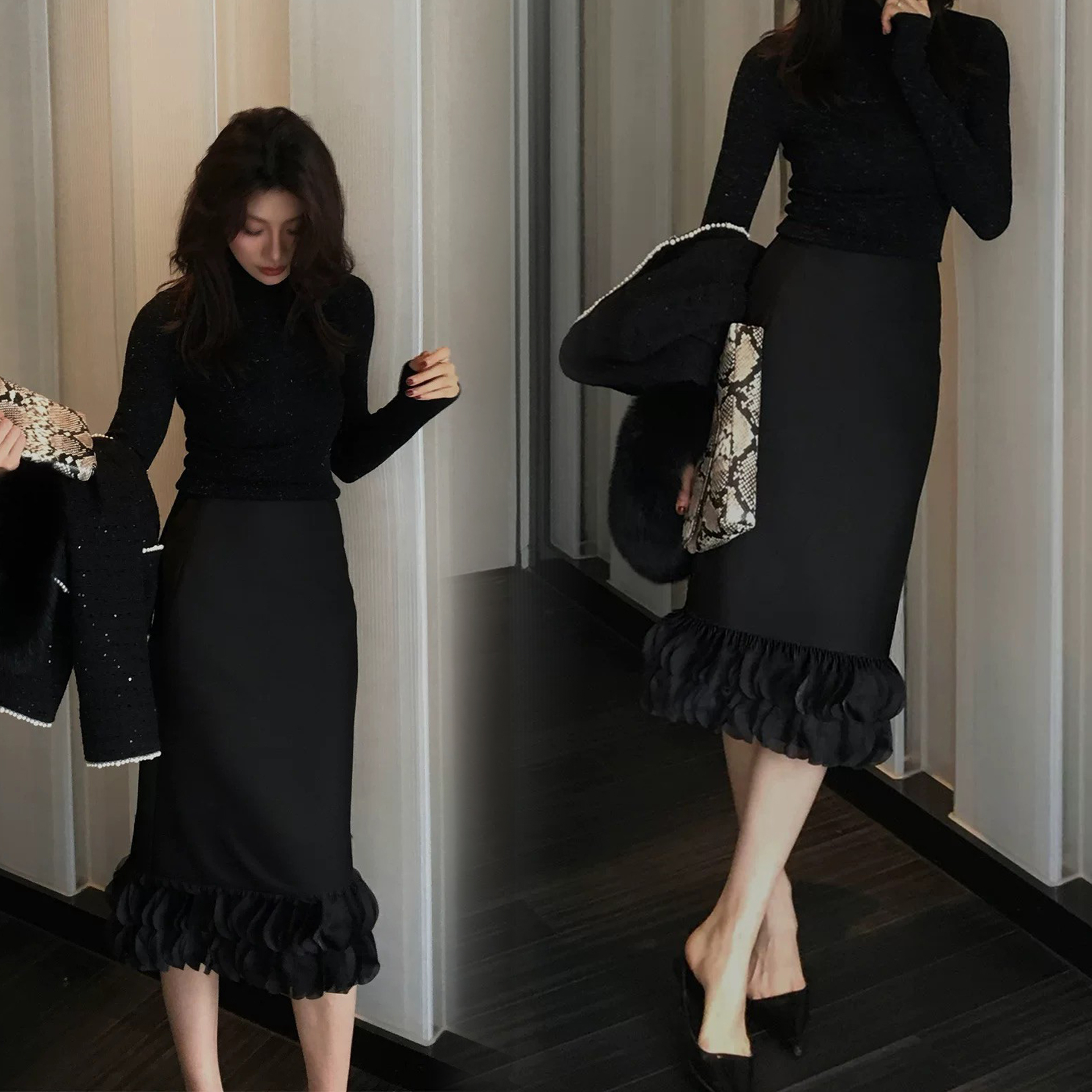 經典黑層次花瓣滾邊造型鉛筆裙長裙-S-L (Elegant & Love)