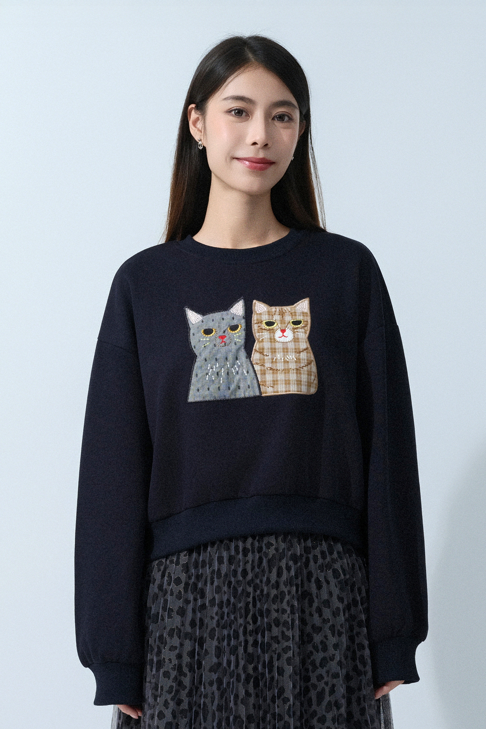 格紋花貓拼布短衛衣（預購產品）