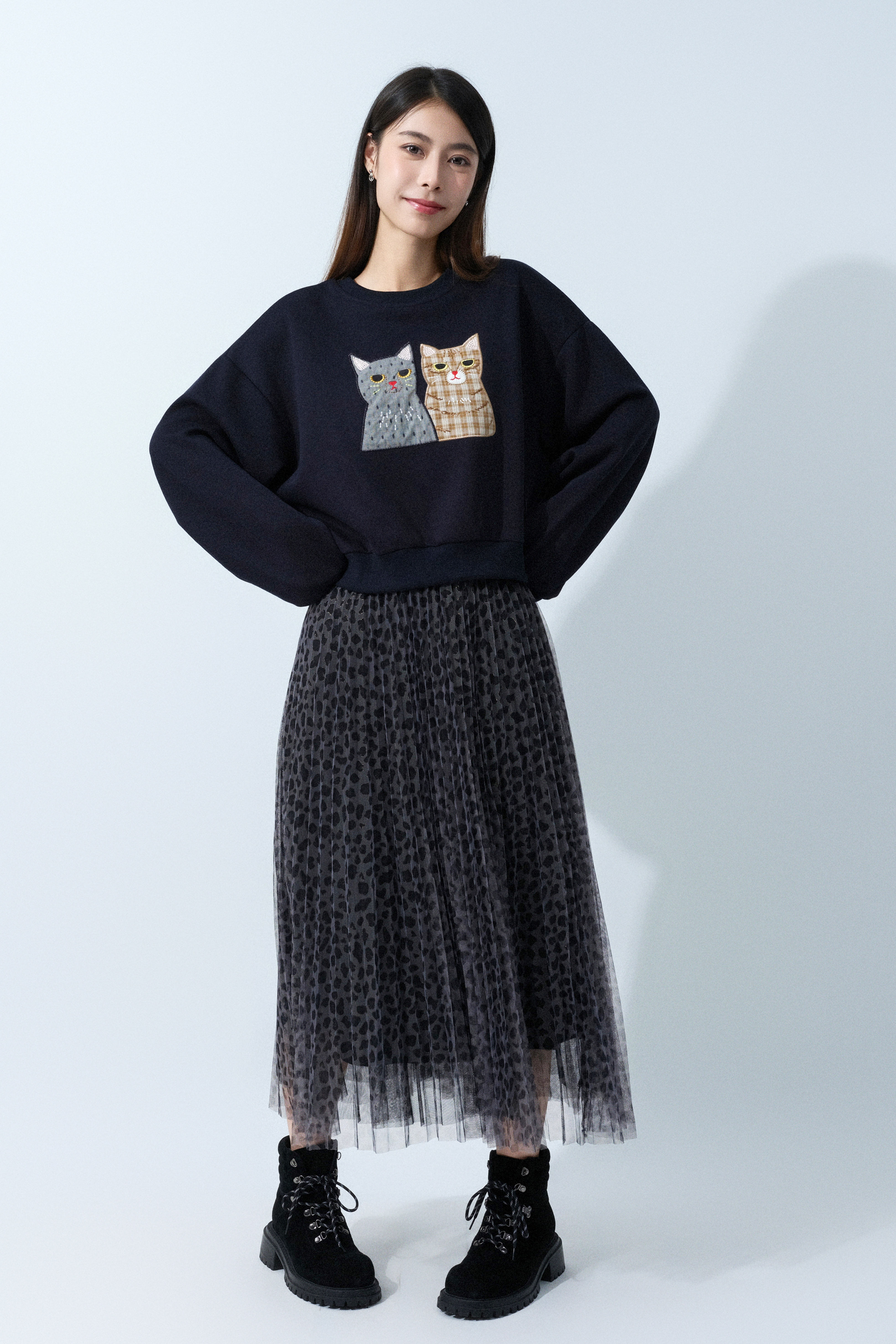 格紋花貓拼布短衛衣（預購產品）