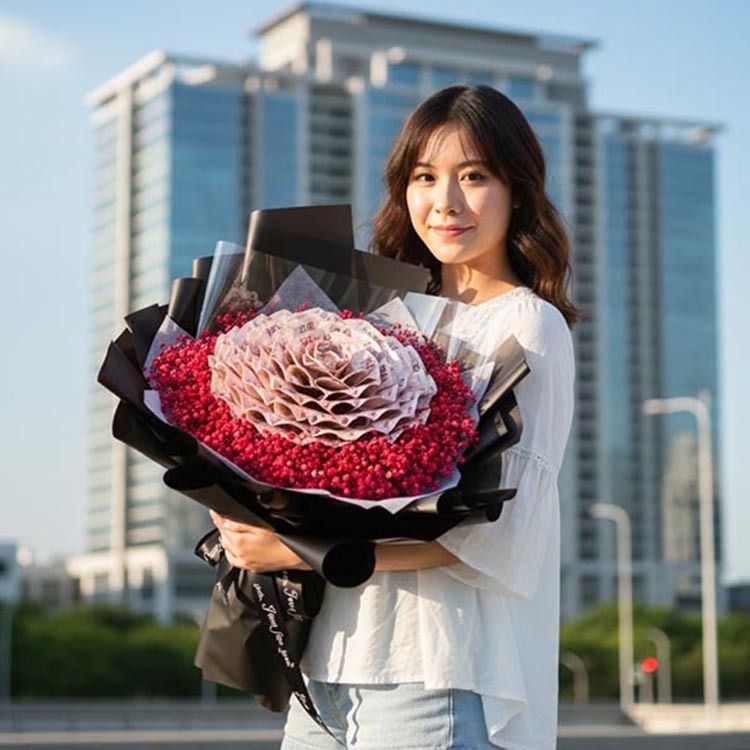 女孩拿著66張新台幣100元面額鈔票花束,The girl was holding a bouquet of 66 NT$100 banknotes