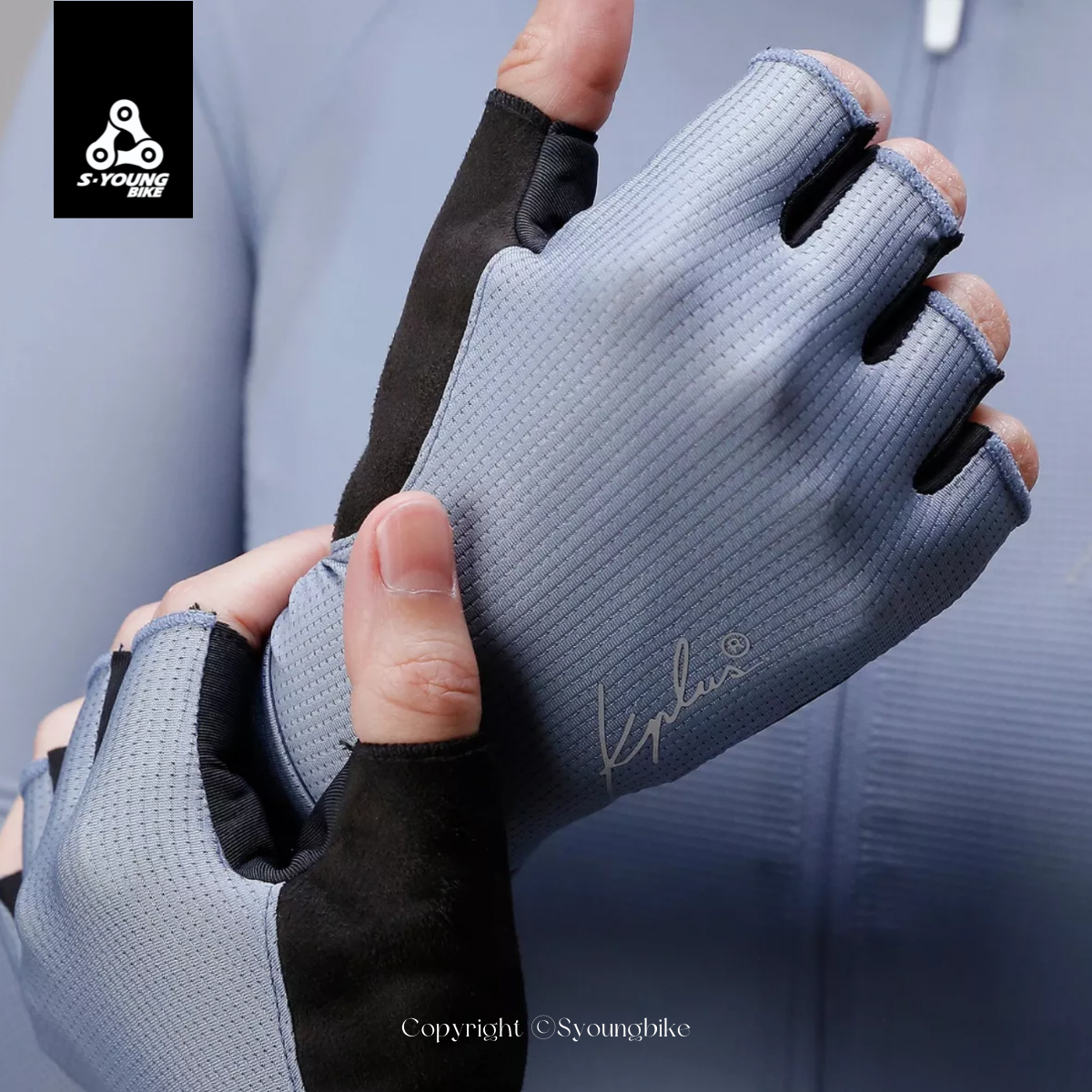 新款【KPLUS】單車短指手套 / 灰藍