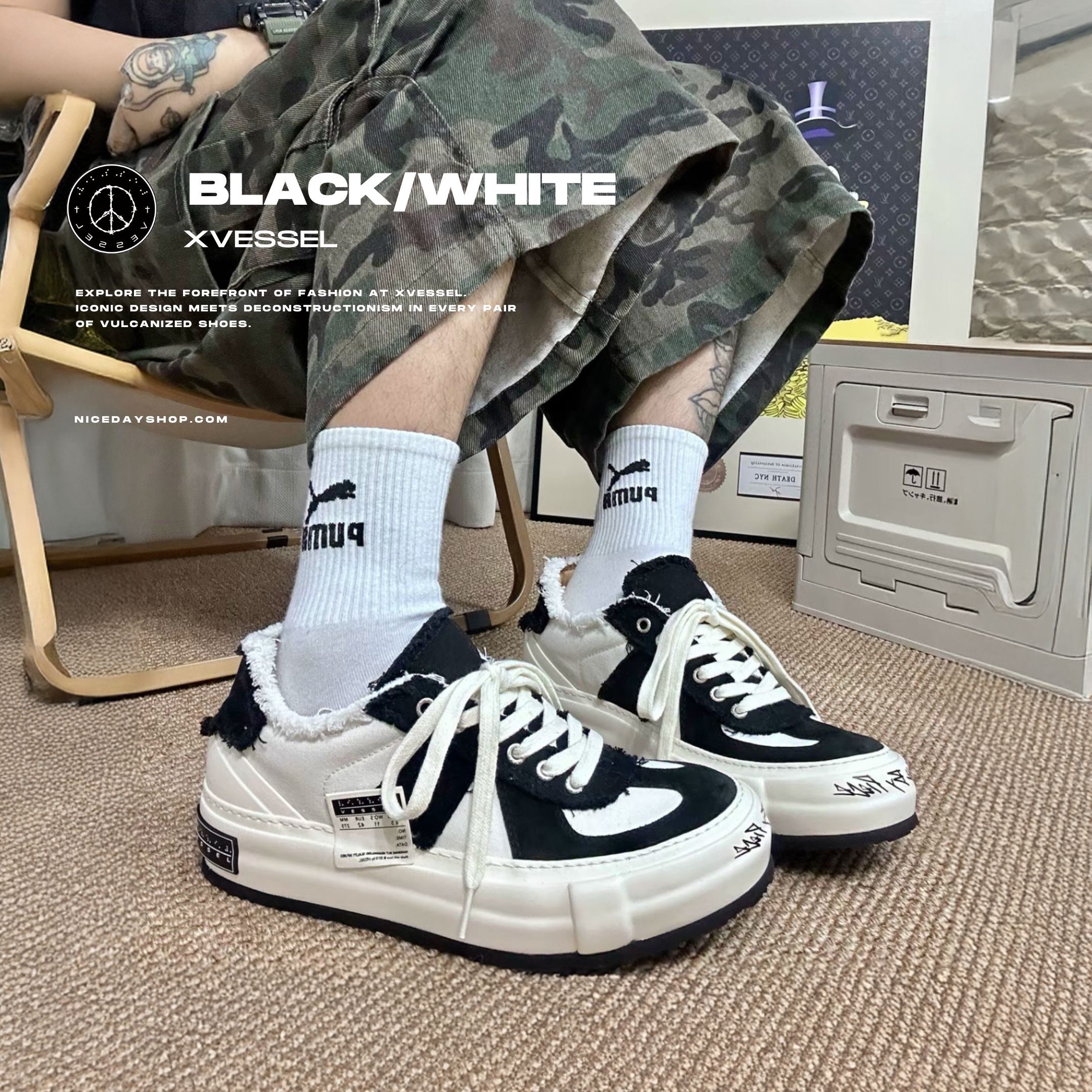 NICEDAY 代購 Xvessel 黑尾 德訓鞋 解構 翻毛皮 休閒 黑白 白 熊貓 復古 硫化鞋 增高 F24X66