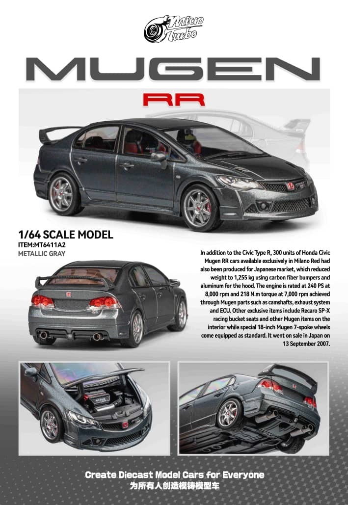 PO-$200 * MICRO TURBO * 1:64 HONDA CIVIC TYPE R MUGEN RR METALLIC GREY
