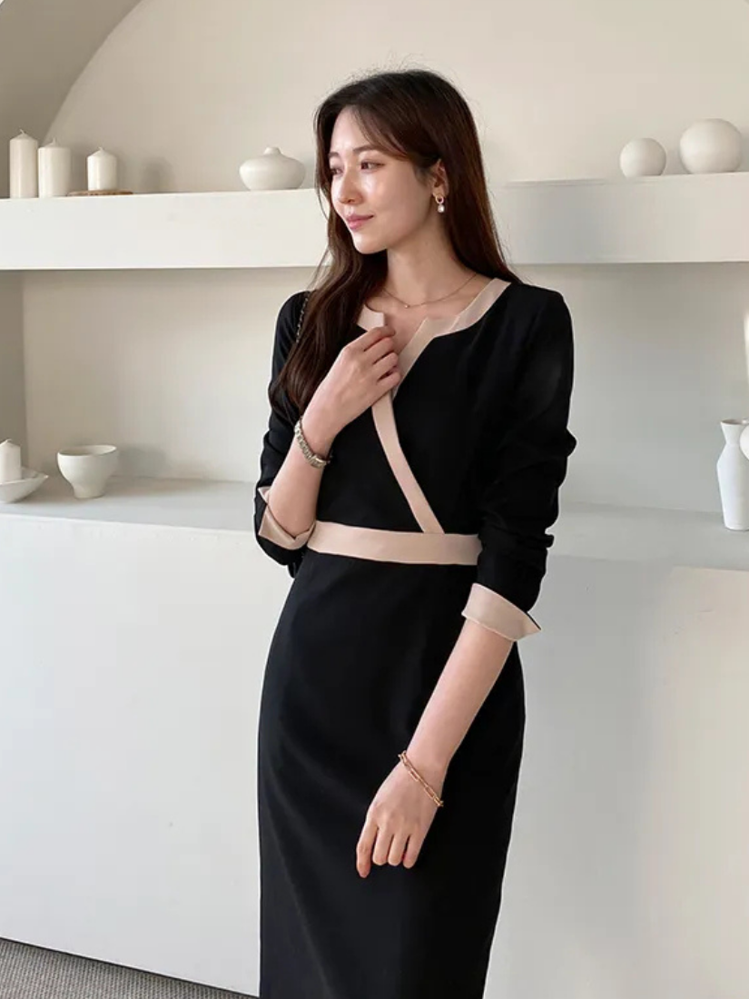 Noelle 溫柔撞色包臀洋裝 [ 黑色 / S,M,L ]