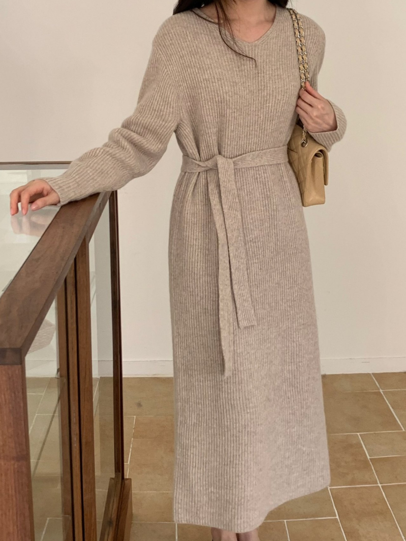 Marian 羊毛直紋附帶針織洋裝 [ 3色 / Free ]