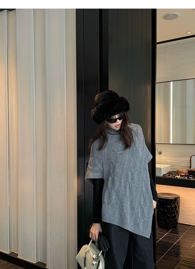 歐美女子高領麻花針織斗篷上衣罩衫-F / 2色 (Elegant & Love)