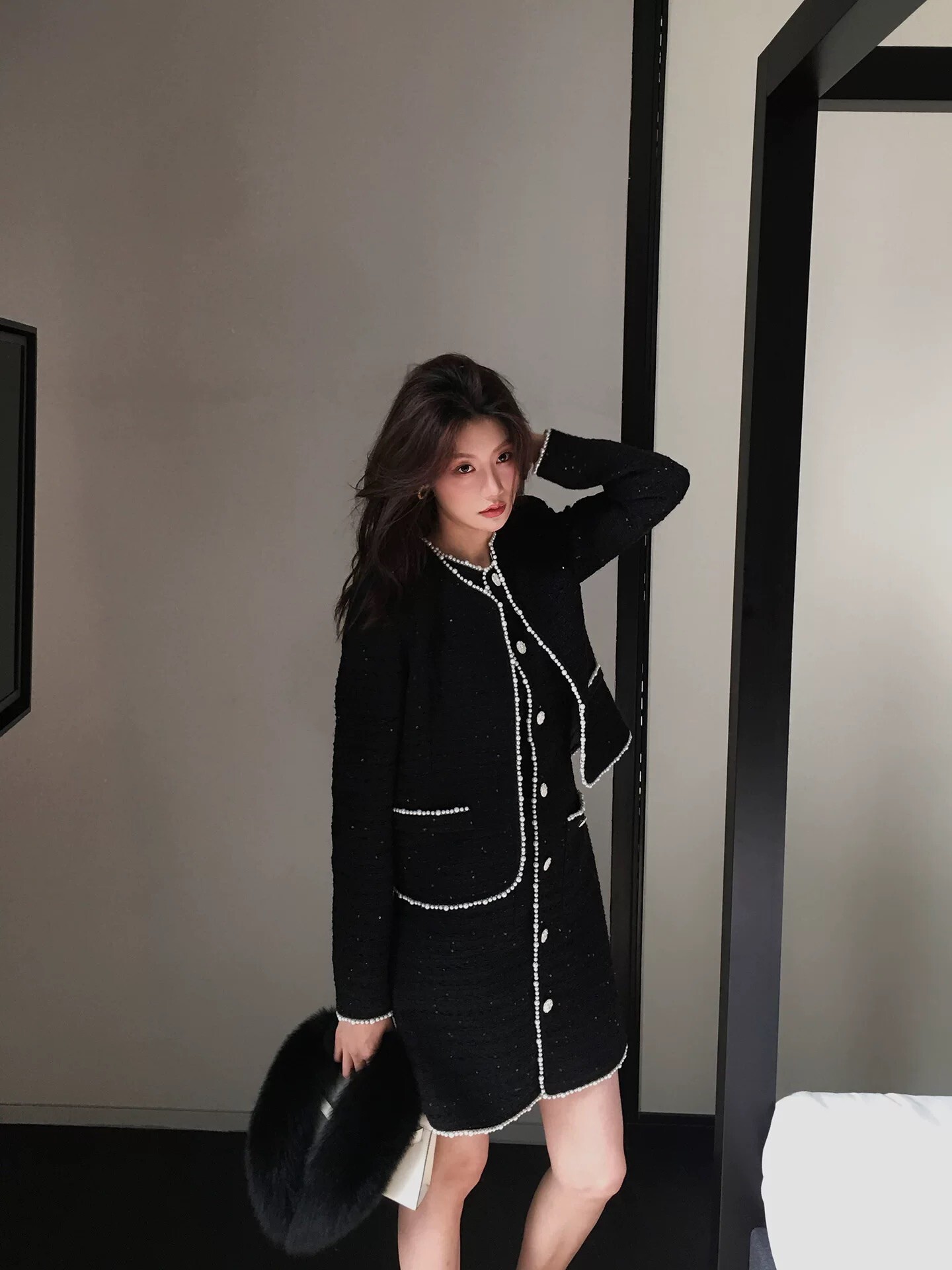 經典黑小香風圓領外套+背心裙短洋裝SET-S-XL (Elegant & Love)